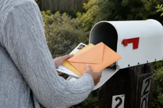 Editorial illustration of a person collecting closed mail from an open curbside mailbox.