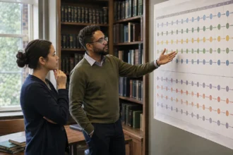 Two adults discuss an illustrative diagram of colored nodes and arrows in a library.