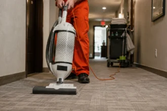 A housekeeping worker operating an upright vacuum in a hotel corridor, editorial illustration
