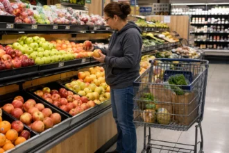 An adult comparing fruit beside a shopping cart in a supermarket, editorial illustration