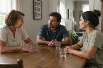 Three adults having a conversation around a home dining table, editorial illustration