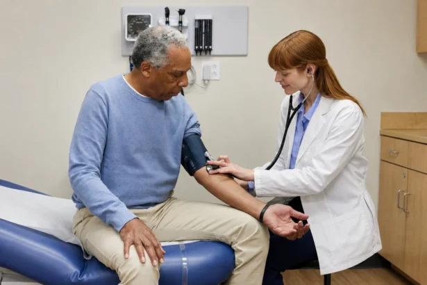An older adult receiving a blood-pressure check from a clinician in an exam room.