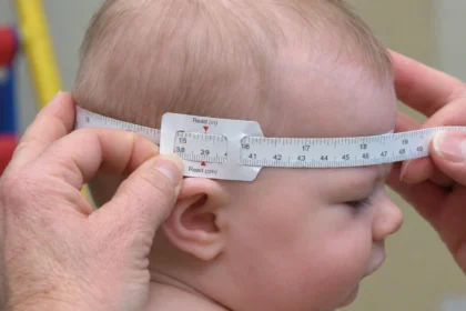 Hands measuring an infant’s head with a clinical circumference tape, editorial illustration