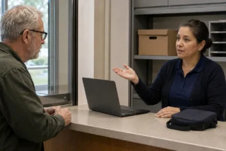 Older man speaking with a woman at an office counter beside a laptop.