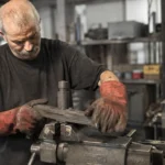 Older metalworker handling a machined part over a bench vise in a workshop