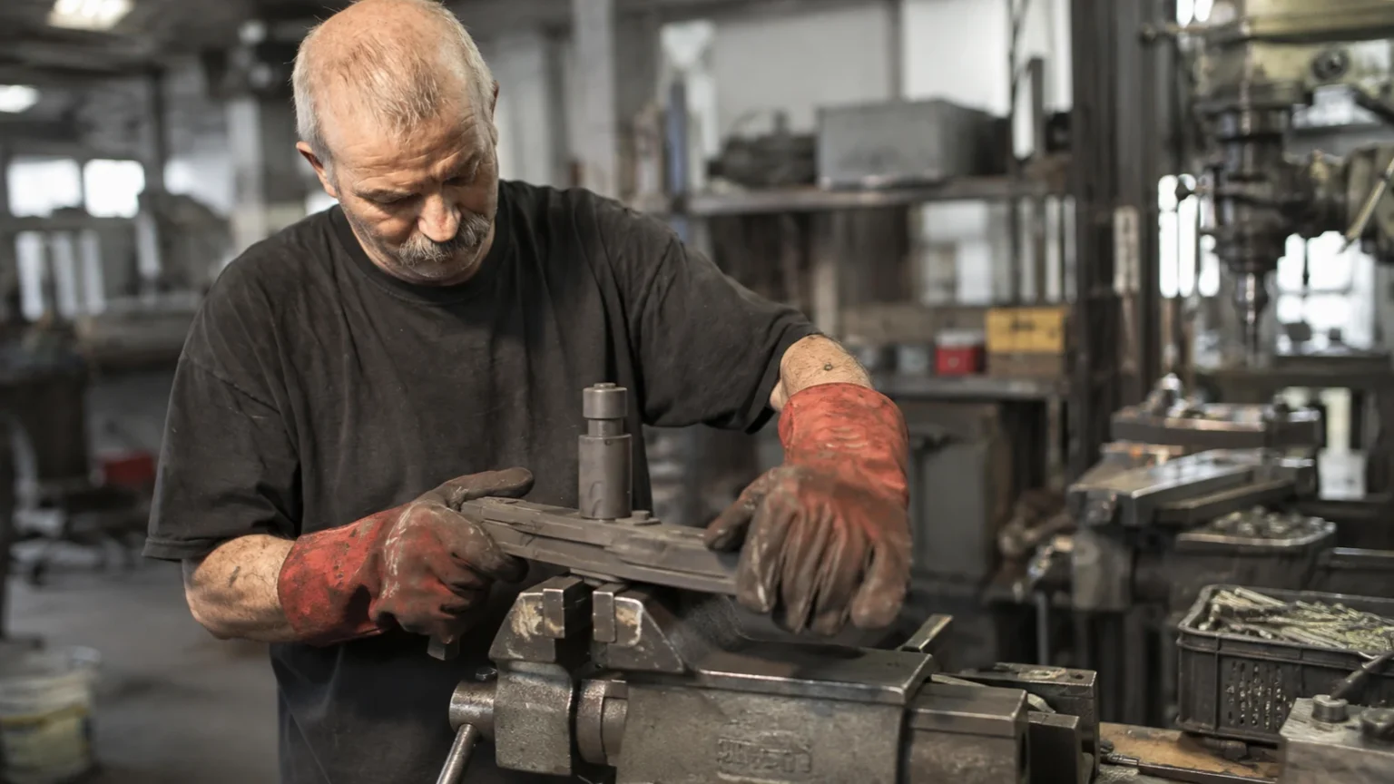 Older metalworker handling a machined part over a bench vise in a workshop