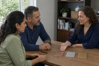 Three adults talking across an office table with closed booklets.