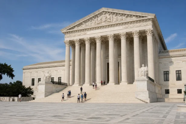 U.S. Supreme Court facade and steps with visitors on a clear day.