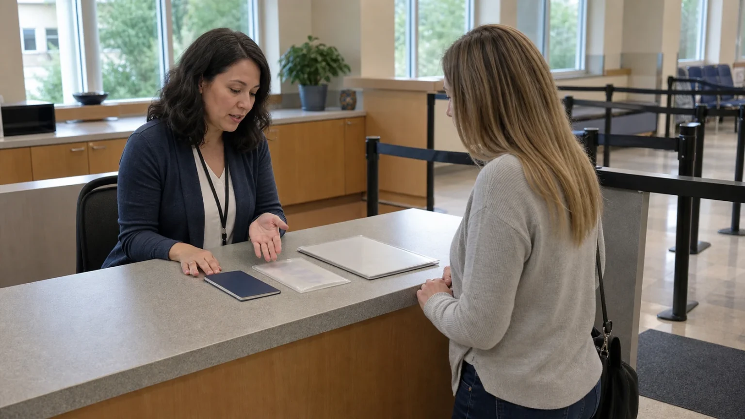 Two women discuss document needs at a service counter with a booklet, sleeve, and closed folder.