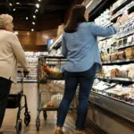 Older adult using a rollator and another adult selecting groceries in a supermarket aisle