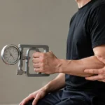 Adult performing a hand-grip assessment with a dynamometer, editorial illustration