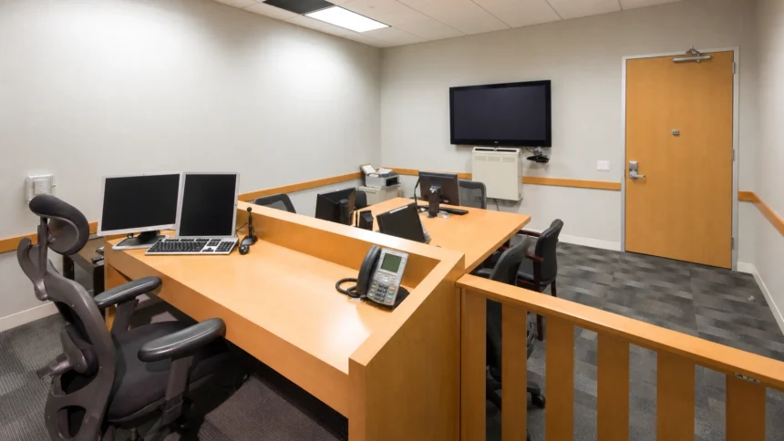 Editorial illustration of a small administrative hearing room with wood partitions, office chairs, and hearing equipment.