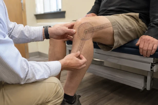 Clinician measures a seated patient’s knee range of motion with a goniometer
