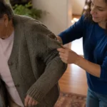 A woman helps an older woman adjust a gray cardigan beside a cane at home.